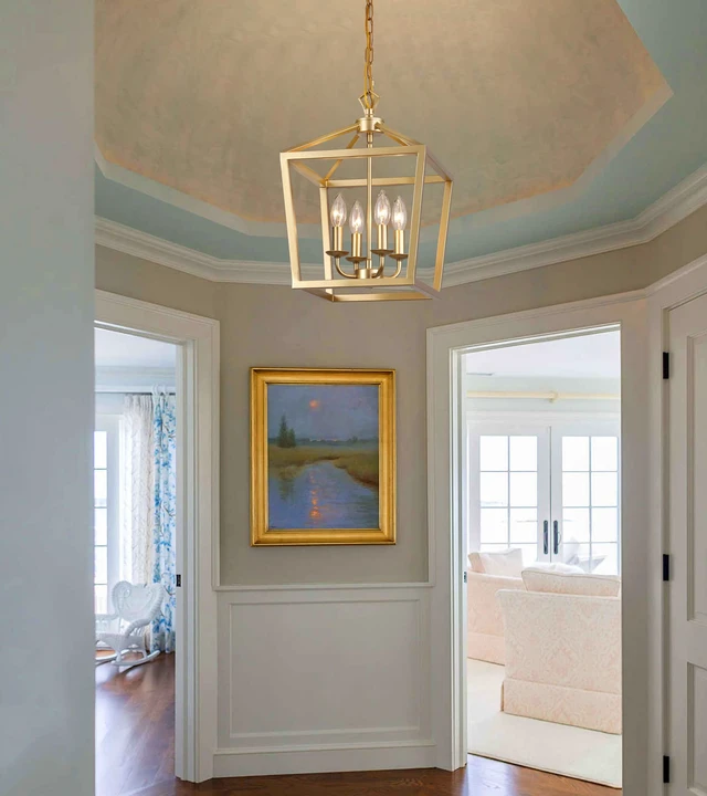 Alt view image 7 of 7 - Gold Lantern Chandelier Hanging Pendant Light Fixture 4-Lights for Kitchen Island Dining Room Hallway Entryway Foyer UL Listed