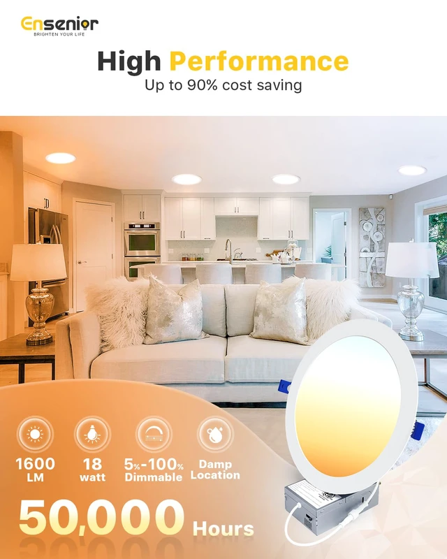 Alt view image 2 of 7 - 6 Pack 8 Inch LED Recessed Light, Canless, 5CCT Dimmable Wafer 5%-100% Dimmable, 2700K-5000K Selectable, 1600LM 18W 120V, IC & Damp Rated, 50000h Life Span, ETL & FCC & UL Certified
