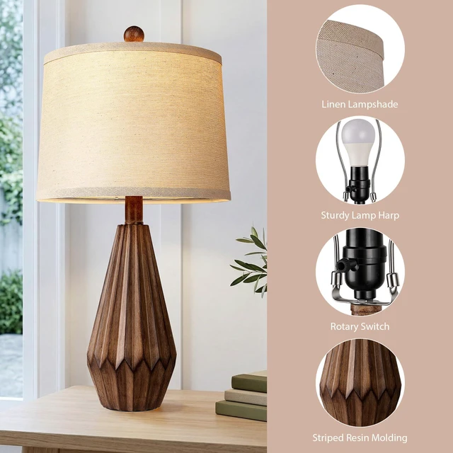Alt view image 6 of 6 - 22 Set of 2 Modern Farmhouse Lamp for Living Room, Rustic Resin Beside Table Lamps with Linen Shade, Vintage Lamps for Nightstands Bedroom Entryway Decor
