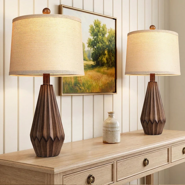 Alt view image 5 of 6 - 22 Set of 2 Modern Farmhouse Lamp for Living Room, Rustic Resin Beside Table Lamps with Linen Shade, Vintage Lamps for Nightstands Bedroom Entryway Decor