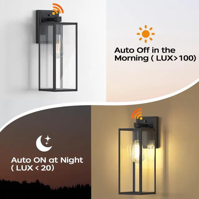 Alt view image 2 of 7 - 16" Dusk to Dawn Exterior Lighting Fixture, Outdoor Porch Light Wall Sconce Anti-Rust Metal Frame, Tempered Glass, E26 Base, Waterproof, Sensor Wall Lantern for Patio, Garage, Entryway