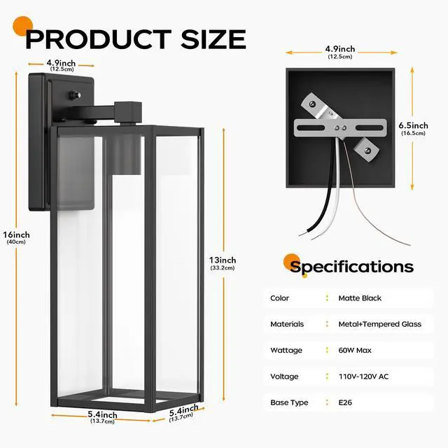Alt view image 5 of 7 - 16" Dusk to Dawn Exterior Lighting Fixture, Outdoor Porch Light Wall Sconce Anti-Rust Metal Frame, Tempered Glass, E26 Base, Waterproof, Sensor Wall Lantern for Patio, Garage, Entryway