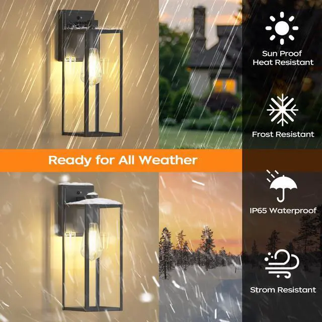 Alt view image 6 of 7 - 16" Dusk to Dawn Exterior Lighting Fixture, Outdoor Porch Light Wall Sconce Anti-Rust Metal Frame, Tempered Glass, E26 Base, Waterproof, Sensor Wall Lantern for Patio, Garage, Entryway