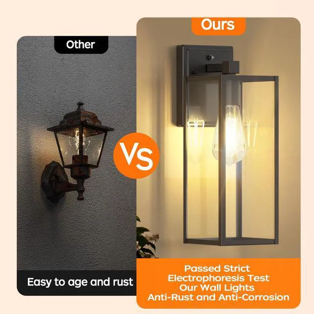 Alt view image 4 of 7 - 16" Dusk to Dawn Exterior Lighting Fixture, Outdoor Porch Light Wall Sconce Anti-Rust Metal Frame, Tempered Glass, E26 Base, Waterproof, Sensor Wall Lantern for Patio, Garage, Entryway