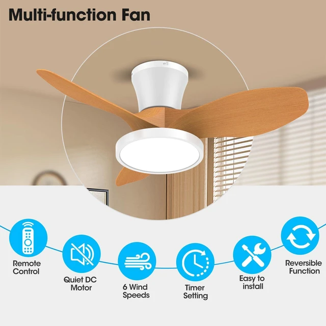 Alt view image 3 of 7 - 32 Inch Small Oak Ceiling Fans with Lights and Remote Control Ultra Quiet,Reversible,Dimmable Light,Cool Comfort,6-Speed,Timers,Beep-Off,Easy to Install,Energy saving,Indoor/Covered Patio