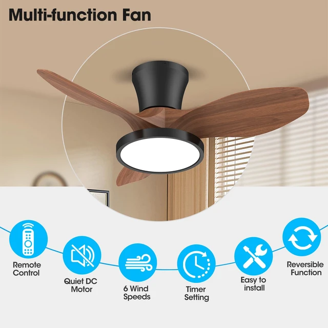 Alt view image 2 of 7 - 32 Inch small Walnut Ceiling Fans with Lights and Remote Control Ultra Quiet,Reversible,Dimmable Light,Cool Comfort,6-Speed,Timers,Beep-Off,Easy to Install,Energy saving,Indoor/Covered Patio