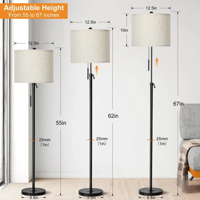 Alt view image 2 of 7 - Adjustable Height Floor Lamp for Living Room, Black Standing Lamp for Bedroom Office, Modern Tall Lamp with Linen Shade, 3-Way Dimmable 8W 3000K LED Blub Included (Black)