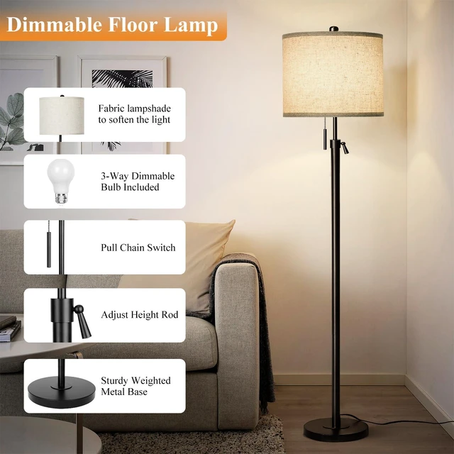 Alt view image 4 of 7 - Adjustable Height Floor Lamp for Living Room, Black Standing Lamp for Bedroom Office, Modern Tall Lamp with Linen Shade, 3-Way Dimmable 8W 3000K LED Blub Included (Black)