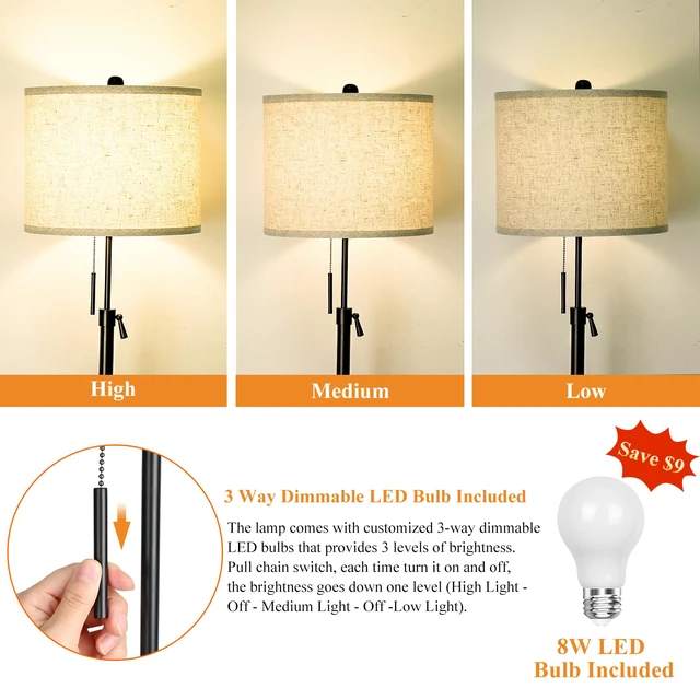 Alt view image 3 of 7 - Adjustable Height Floor Lamp for Living Room, Black Standing Lamp for Bedroom Office, Modern Tall Lamp with Linen Shade, 3-Way Dimmable 8W 3000K LED Blub Included (Black)