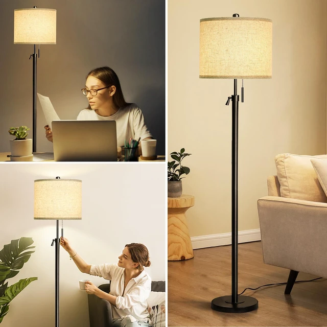 Alt view image 6 of 7 - Adjustable Height Floor Lamp for Living Room, Black Standing Lamp for Bedroom Office, Modern Tall Lamp with Linen Shade, 3-Way Dimmable 8W 3000K LED Blub Included (Black)