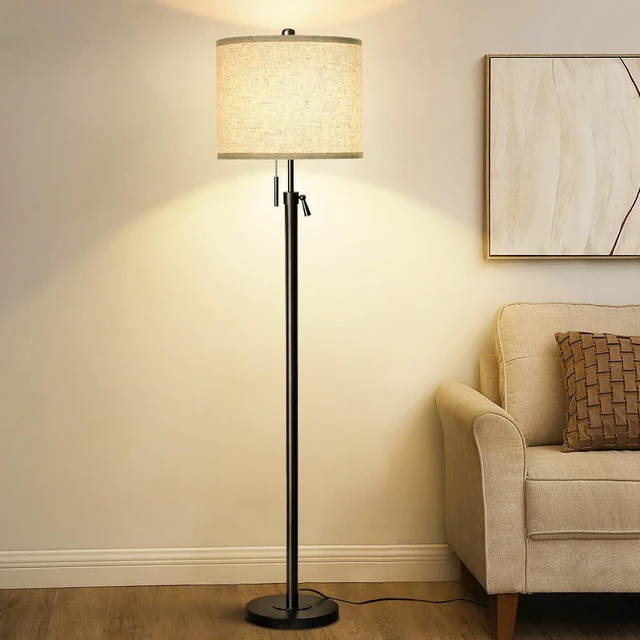 Alt view image 7 of 7 - Adjustable Height Floor Lamp for Living Room, Black Standing Lamp for Bedroom Office, Modern Tall Lamp with Linen Shade, 3-Way Dimmable 8W 3000K LED Blub Included (Black)