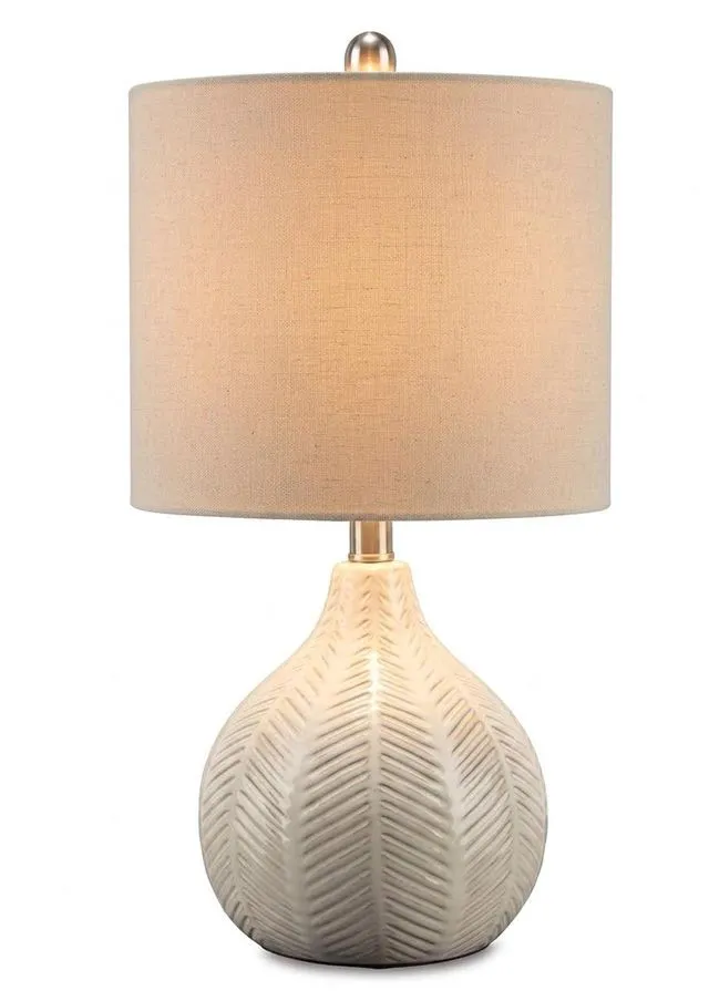 Main image of Rainermen Ceramic Table Lamp, 21", Off White Textured herringbone base, Transparent white glaze, Hardback fabric drum shade, Bedside use, 92.5-inch cord, E26 socket