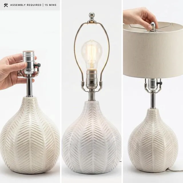 Alt view image 3 of 7 - Rainermen Ceramic Table Lamp, 21", Off White Textured herringbone base, Transparent white glaze, Hardback fabric drum shade, Bedside use, 92.5-inch cord, E26 socket