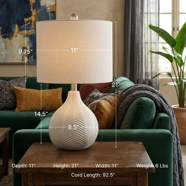 Alt view image 2 of 7 - Rainermen Ceramic Table Lamp, 21", Off White Textured herringbone base, Transparent white glaze, Hardback fabric drum shade, Bedside use, 92.5-inch cord, E26 socket