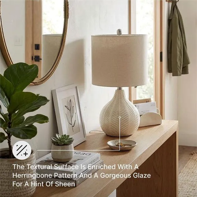 Alt view image 4 of 7 - Rainermen Ceramic Table Lamp, 21", Off White Textured herringbone base, Transparent white glaze, Hardback fabric drum shade, Bedside use, 92.5-inch cord, E26 socket
