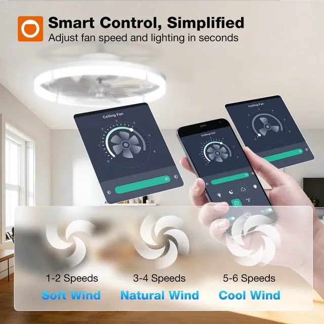 Alt view image 6 of 7 - 20" Ceiling Fans with Lights and Remote, Low Profile Fandelier 3000-6000K Dimmable LED, 6 Speeds, Reversible DC Motor, App Control, Memory Function, Timer, Flush Mount, Quiet Operation