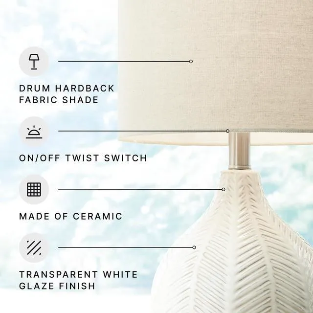 Alt view image 5 of 7 - Rainermen Ceramic Table Lamp, 21", Off White Textured herringbone base, Transparent white glaze, Hardback fabric drum shade, Bedside use, 92.5-inch cord, E26 socket