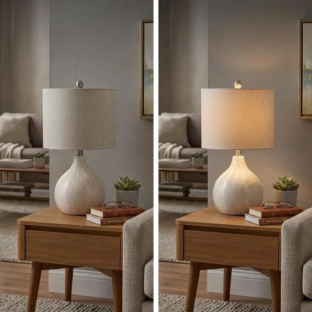 Alt view image 6 of 7 - Rainermen Ceramic Table Lamp, 21", Off White Textured herringbone base, Transparent white glaze, Hardback fabric drum shade, Bedside use, 92.5-inch cord, E26 socket