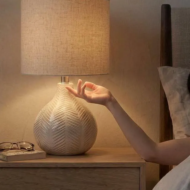 Alt view image 7 of 7 - Rainermen Ceramic Table Lamp, 21", Off White Textured herringbone base, Transparent white glaze, Hardback fabric drum shade, Bedside use, 92.5-inch cord, E26 socket