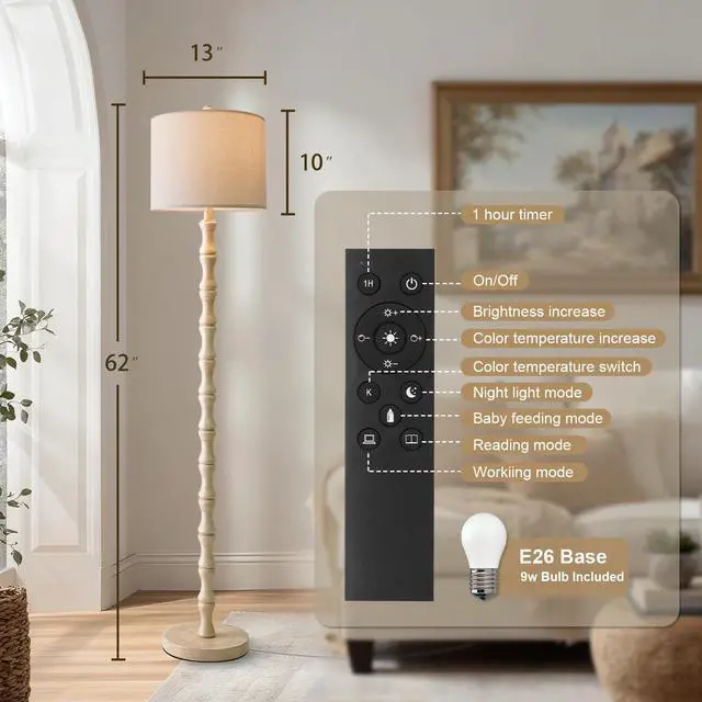 Alt view image 3 of 7 - 62" Rustic Farmhouse Floor Lamp Antique White with Remote & Dimmable 9W Bulb, 3 Color Temperatures Resin Standing Lamp, Retro Tall Lamp for Living Room, Bedroom, Nursery, Office, Reading Nook