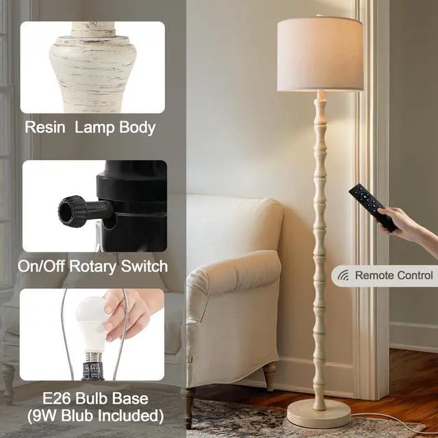 Alt view image 2 of 7 - 62" Rustic Farmhouse Floor Lamp Antique White with Remote & Dimmable 9W Bulb, 3 Color Temperatures Resin Standing Lamp, Retro Tall Lamp for Living Room, Bedroom, Nursery, Office, Reading Nook