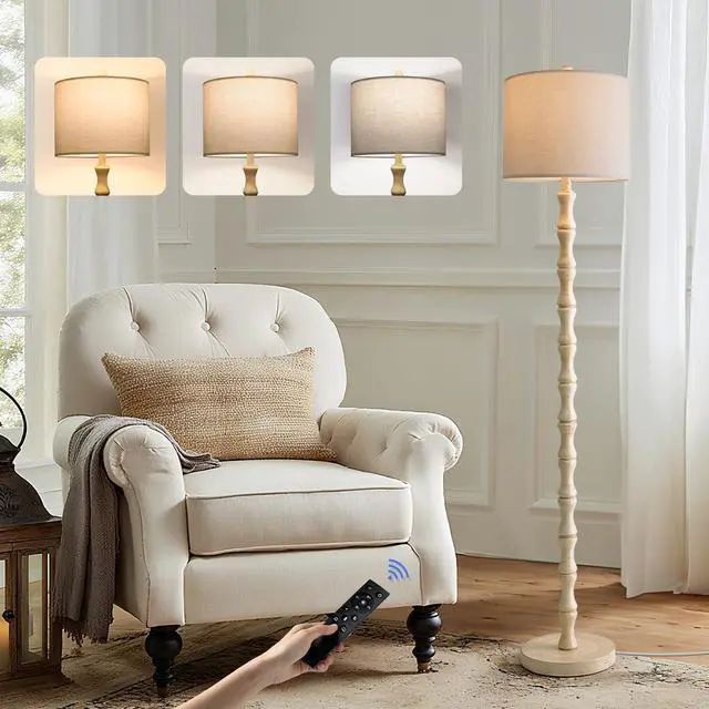 Main image of 62" Rustic Farmhouse Floor Lamp Antique White with Remote & Dimmable 9W Bulb, 3 Color Temperatures Resin Standing Lamp, Retro Tall Lamp for Living Room, Bedroom, Nursery, Office, Reading Nook