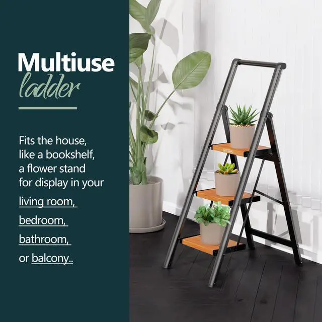Alt view image 5 of 7 - 3 Step Ladders for Home, 300lbs Load, 26'' Top Step, BK/Wood Grain 8ft Reach; For Closets, Kitchens; Anti-Slip Feet Suit Wood, Tile, Carpet; Rigid Aluminum Pedals; Handrail Adds Balance