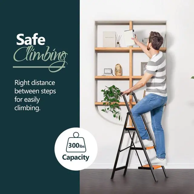 Alt view image 2 of 7 - 3 Step Ladders for Home, 300lbs Load, 26'' Top Step, BK/Wood Grain 8ft Reach; For Closets, Kitchens; Anti-Slip Feet Suit Wood, Tile, Carpet; Rigid Aluminum Pedals; Handrail Adds Balance