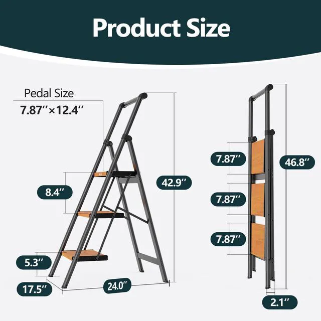 Alt view image 7 of 7 - 3 Step Ladders for Home, 300lbs Load, 26'' Top Step, BK/Wood Grain 8ft Reach; For Closets, Kitchens; Anti-Slip Feet Suit Wood, Tile, Carpet; Rigid Aluminum Pedals; Handrail Adds Balance