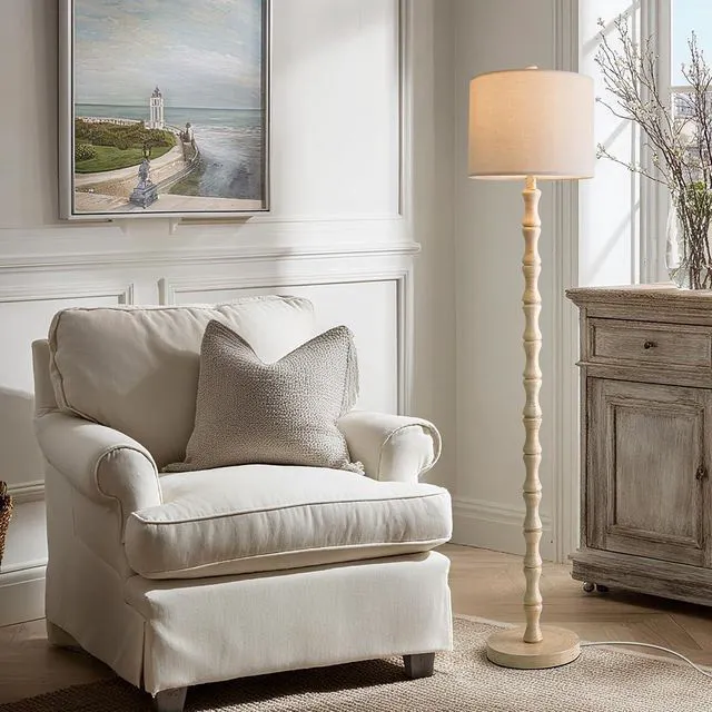 Alt view image 5 of 6 - 62" Rustic Floor Lamp, Retro Farmhouse Standing Lamp with Rotary Switch, Resin Antique White Floor Lamp for Living Room, Bedroom, Corner, Dining Room, Nursery, Cozy Home Décor