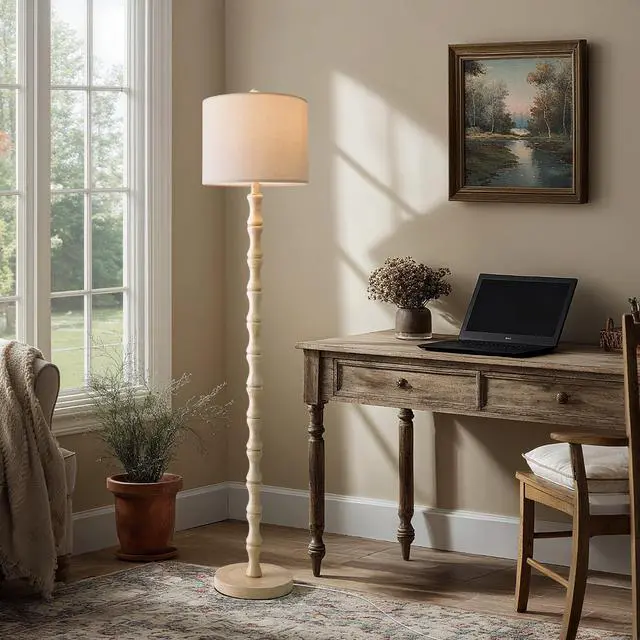 Alt view image 6 of 6 - 62" Rustic Floor Lamp, Retro Farmhouse Standing Lamp with Rotary Switch, Resin Antique White Floor Lamp for Living Room, Bedroom, Corner, Dining Room, Nursery, Cozy Home Décor