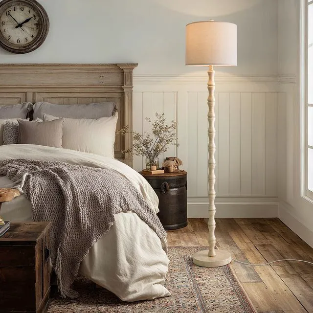 Alt view image 3 of 6 - 62" Rustic Floor Lamp, Retro Farmhouse Standing Lamp with Rotary Switch, Resin Antique White Floor Lamp for Living Room, Bedroom, Corner, Dining Room, Nursery, Cozy Home Décor