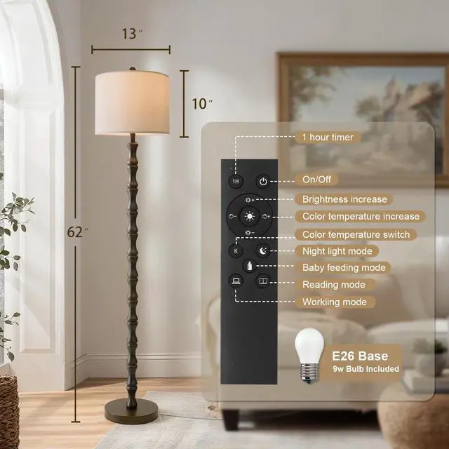 Alt view image 3 of 7 - 62" Rustic Farmhouse Floor Lamp Dark Brown with Remote & Dimmable 9W Bulb, 3 Color Temperatures Resin Standing Lamp, Retro Tall Lamp for Living Room, Bedroom, Nursery, Office, Reading Nook