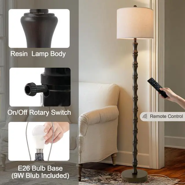 Alt view image 2 of 7 - 62" Rustic Farmhouse Floor Lamp Dark Brown with Remote & Dimmable 9W Bulb, 3 Color Temperatures Resin Standing Lamp, Retro Tall Lamp for Living Room, Bedroom, Nursery, Office, Reading Nook