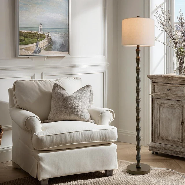 Alt view image 5 of 6 - 62" Rustic Floor Lamp, Retro Farmhouse Standing Lamp with Rotary Switch, Resin Dark Brown Floor Lamp for Living Room, Bedroom, Corner, Nursery, Dining Room, House