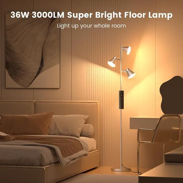 Alt view image 2 of 7 - 36W LED Tree Floor Lamp with Remote for Living Room Bedroom Modern Dimmable Tall Standing Lamp with 4 Color Temperatures, 3 Rotatable Light Bright FLoor Lamp for Home Office