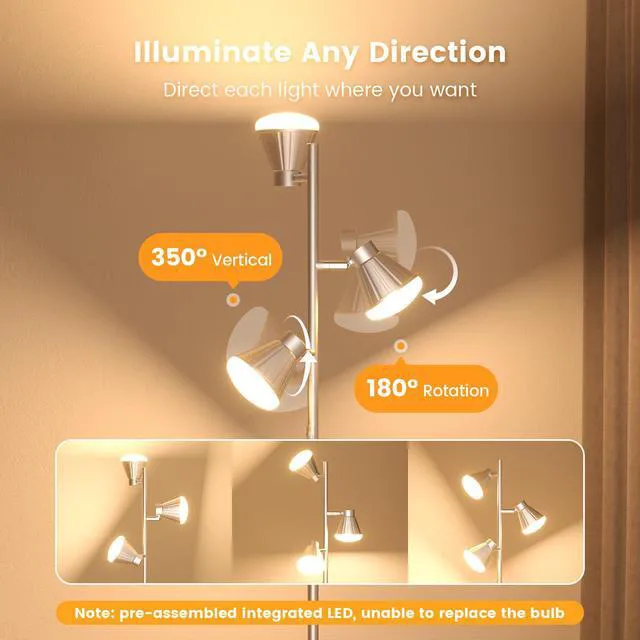 Alt view image 5 of 7 - 36W LED Tree Floor Lamp with Remote for Living Room Bedroom Modern Dimmable Tall Standing Lamp with 4 Color Temperatures, 3 Rotatable Light Bright FLoor Lamp for Home Office