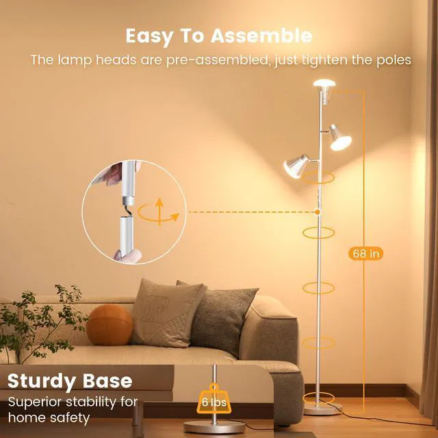 Alt view image 7 of 7 - 36W LED Tree Floor Lamp with Remote for Living Room Bedroom Modern Dimmable Tall Standing Lamp with 4 Color Temperatures, 3 Rotatable Light Bright FLoor Lamp for Home Office