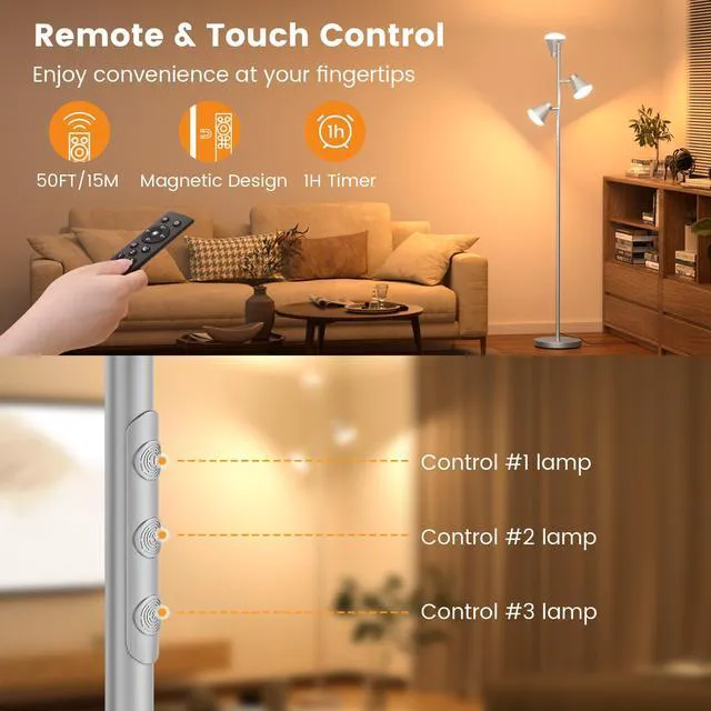 Alt view image 6 of 7 - 36W LED Tree Floor Lamp with Remote for Living Room Bedroom Modern Dimmable Tall Standing Lamp with 4 Color Temperatures, 3 Rotatable Light Bright FLoor Lamp for Home Office