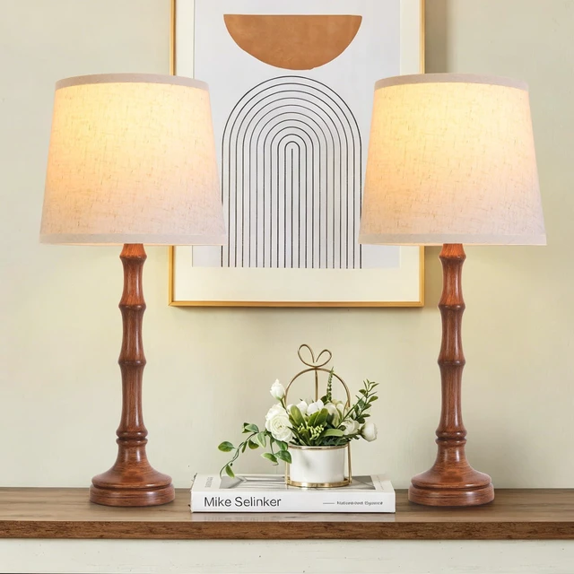 Alt view image 3 of 7 - Lamps Set of 2 Modern Farmhouse Table Lamp Bedside Reading Lamps Living Room End Tables Set Lamps for Night Stands Bedroom Night Lamp,High 26.25 Inch,Brown,With Fabric Lamp Shade,Bulb Not Included