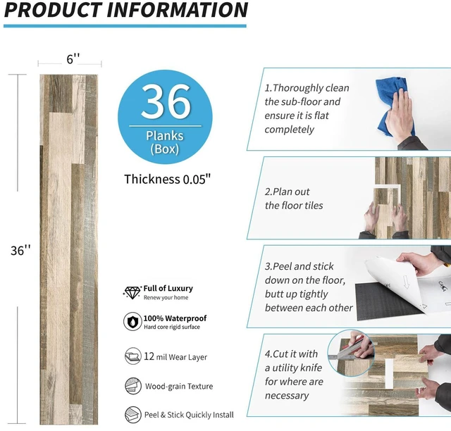 Alt view image 5 of 7 - Wood Texture Peel and Stick Vinyl Floor Planks, 36-Pack, Aged Wood Cover 54 sq.ft, Waterproof, Self-Adhesive, Scratch Resistant, Premium Vinyl, Ideal for Bedroom, Living Room, Kitchen, RV