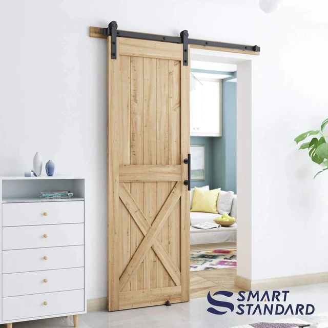 Alt view image 2 of 7 - 5 FT Heavy Duty Sturdy Sliding Barn Door Hardware Kit, Black (Whole Set Includes 1x Pull Handle Set & 1x Floor Guide) Fit 28''-30" Wide Door Panel (I Shape Hanger)