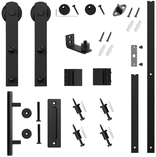 Alt view image 6 of 7 - 5 FT Heavy Duty Sturdy Sliding Barn Door Hardware Kit, Black (Whole Set Includes 1x Pull Handle Set & 1x Floor Guide) Fit 28''-30" Wide Door Panel (I Shape Hanger)