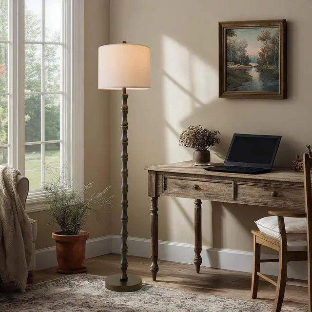 Alt view image 6 of 6 - 62" Rustic Floor Lamp, Retro Farmhouse Standing Lamp with Rotary Switch, Resin Dark Brown Floor Lamp for Living Room, Bedroom, Corner, Nursery, Dining Room, House
