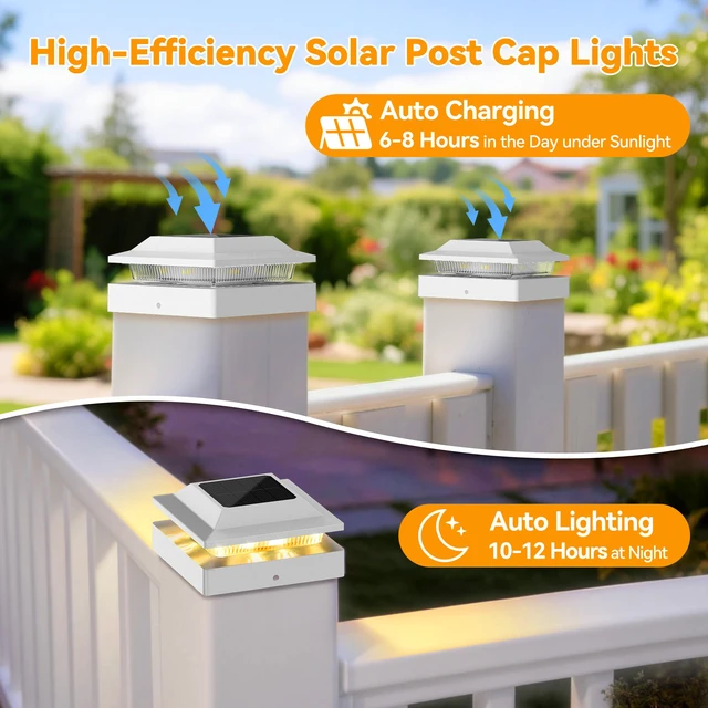 Alt view image 4 of 7 - Solar Post Cap Lights for 4x4 Wood/Vinyl Posts, 16 Pack IP65 Waterproof Fence Post Solar Lights, Outdoor Post Lights with 2 Color Modes Decorate Garden Patio Porch Backyard, White