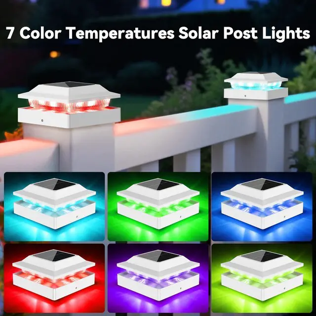 Alt view image 2 of 7 - Solar Post Cap Lights for 4x4 Wood/Vinyl Posts, 12 Pack IP65 Waterproof Fence Post Solar Lights, RGB Color Changing, 10-12H Long Illumination for Garden Patio Porch, White