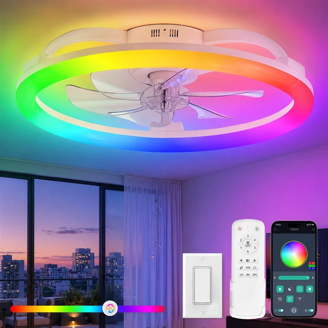 Alt view image 2 of 7 - 23" Ceiling Fans with Lights and Remote for Bedroom, White RGB Low Profile Fan Light, 3000K-6000K Stepless Dimmable, 6 Speed, Reversible DC Motor, APP & Remote Control, Low Noice