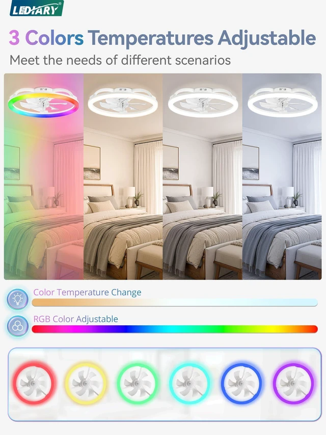 Alt view image 3 of 7 - 23" Ceiling Fans with Lights and Remote for Bedroom, White RGB Low Profile Fan Light, 3000K-6000K Stepless Dimmable, 6 Speed, Reversible DC Motor, APP & Remote Control, Low Noice