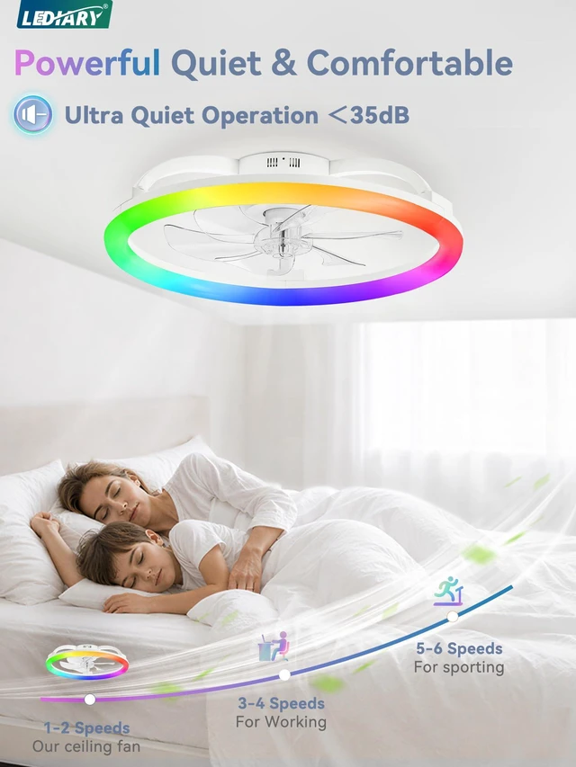 Alt view image 6 of 7 - 23" Ceiling Fans with Lights and Remote for Bedroom, White RGB Low Profile Fan Light, 3000K-6000K Stepless Dimmable, 6 Speed, Reversible DC Motor, APP & Remote Control, Low Noice