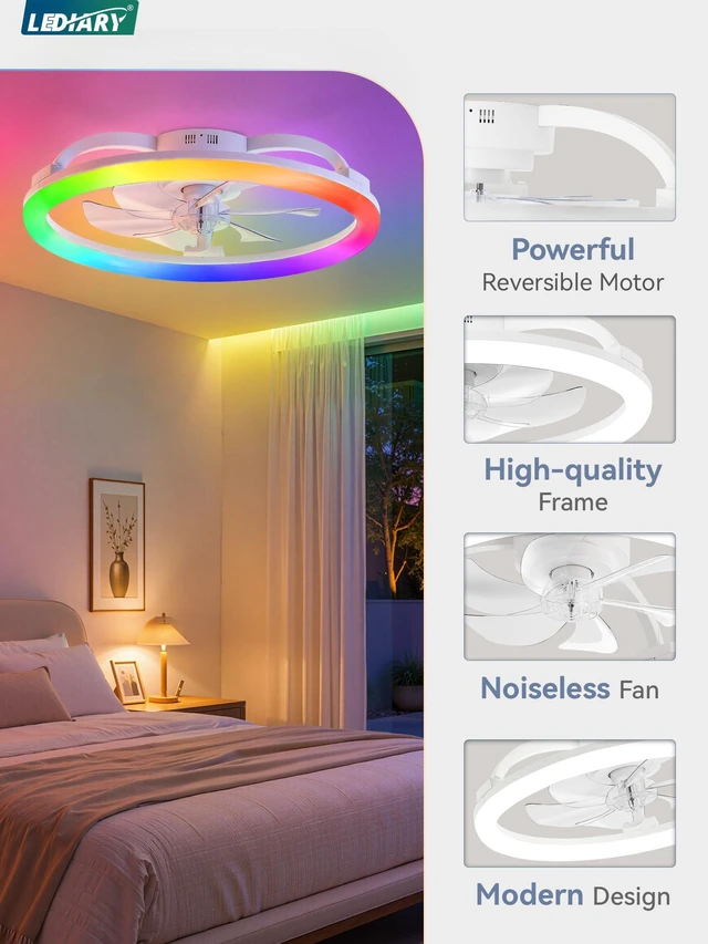 Alt view image 5 of 7 - 23" Ceiling Fans with Lights and Remote for Bedroom, White RGB Low Profile Fan Light, 3000K-6000K Stepless Dimmable, 6 Speed, Reversible DC Motor, APP & Remote Control, Low Noice